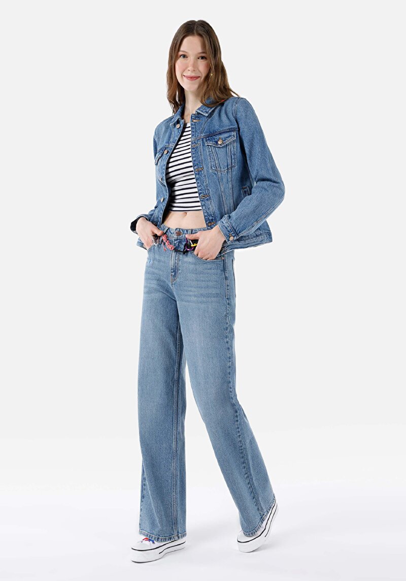 Regular Fit Yüksek Bel Geniş Paça Kadın İndigo Jean Pantolon