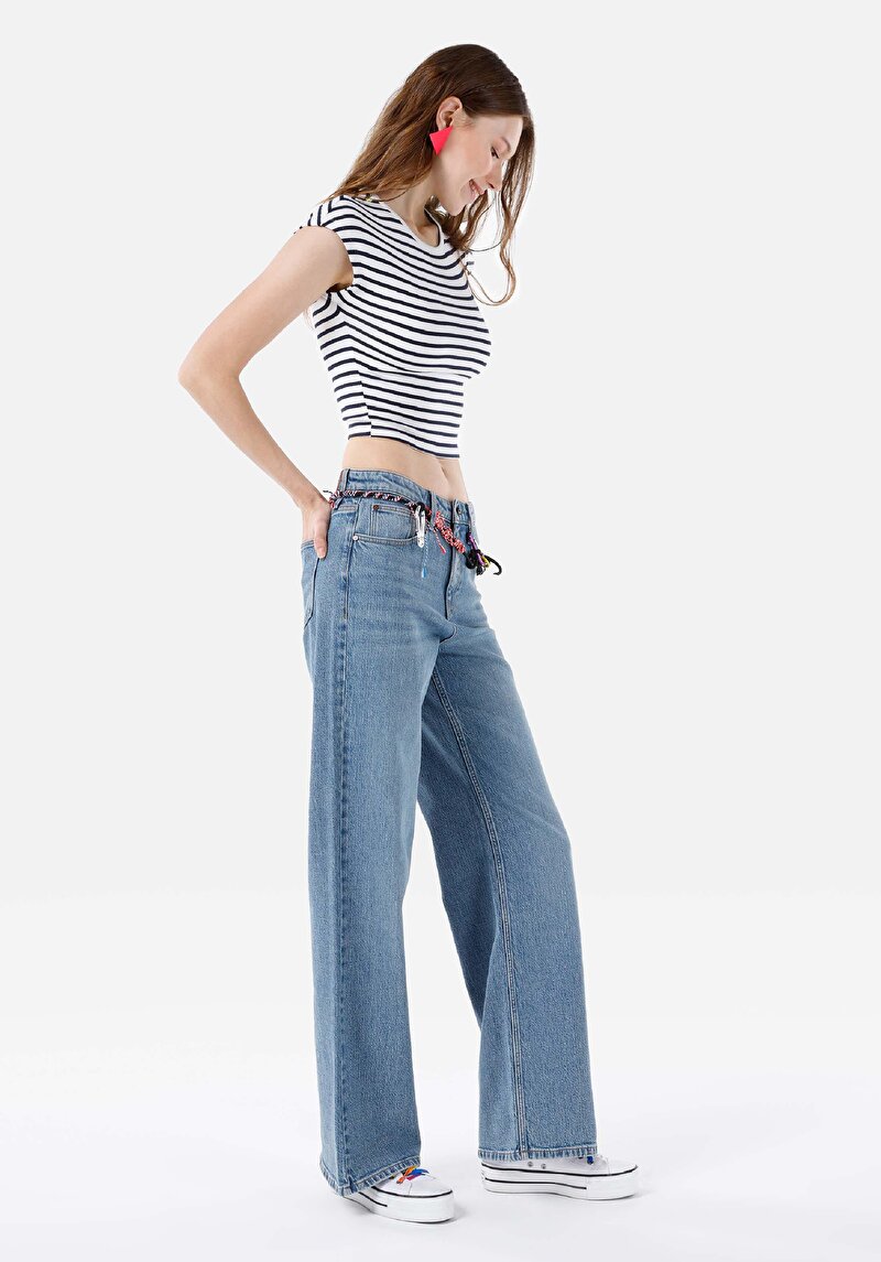 Regular Fit Yüksek Bel Geniş Paça Kadın İndigo Jean Pantolon