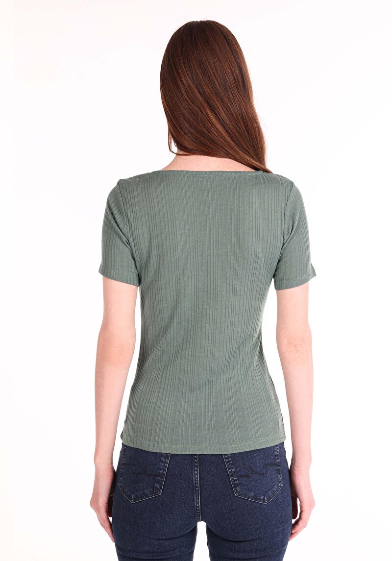 Slim Fit V Yaka Kadın Yeşil Kısa Kol Tişört