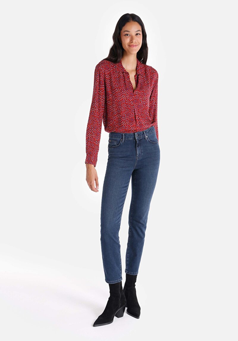 Slim Fit Orta Bel Düz Paça Kadın İndigo Fermuarlı Jean Pantolon