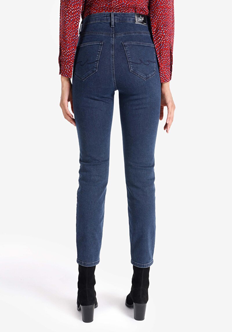 Slim Fit Orta Bel Düz Paça Kadın İndigo Fermuarlı Jean Pantolon