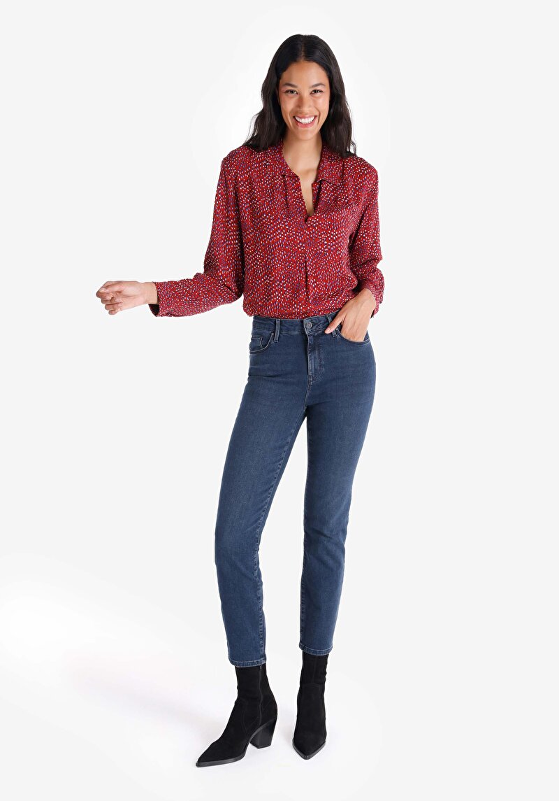 Slim Fit Orta Bel Düz Paça Kadın İndigo Fermuarlı Jean Pantolon