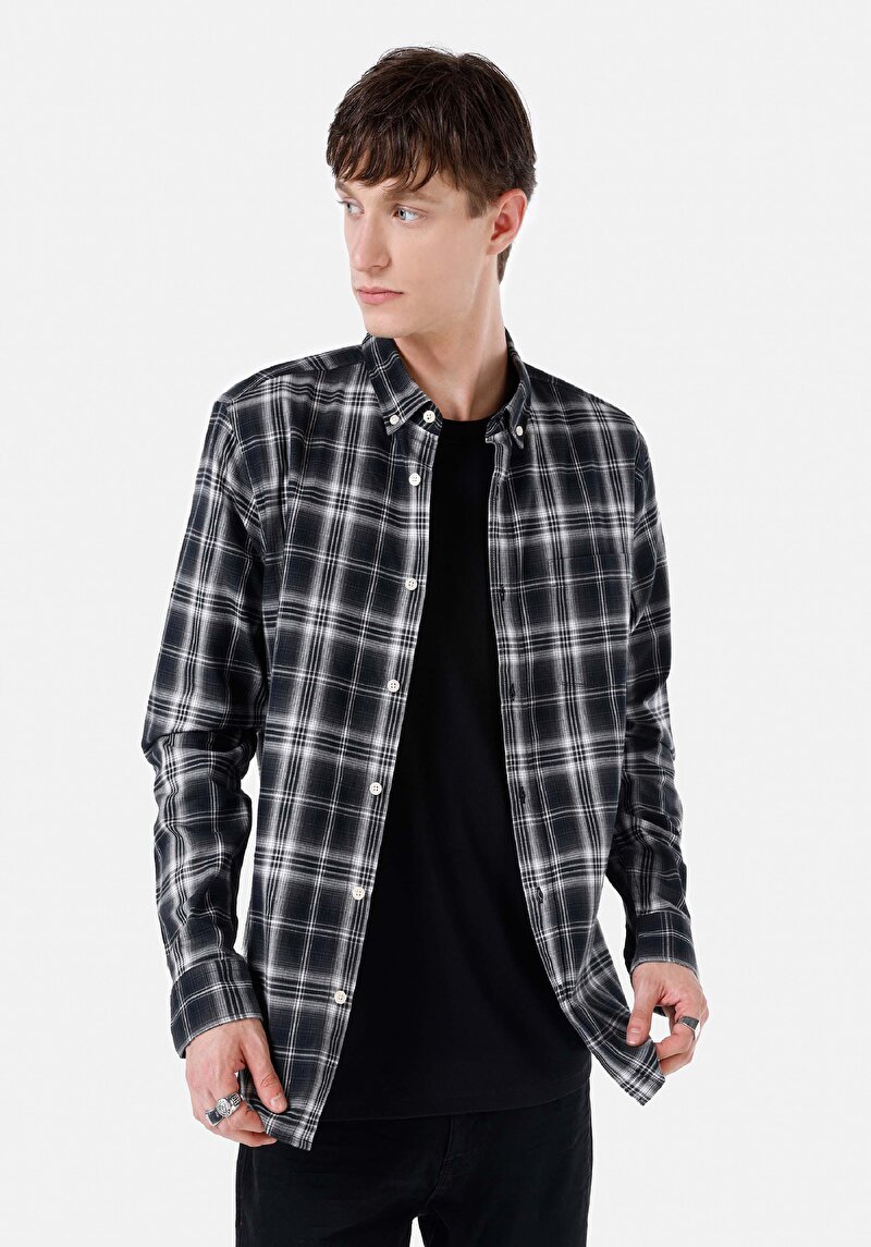 Slim Fit Shirt Neck Ekoseli Erkek Siyah Uzun Kol Gömlek