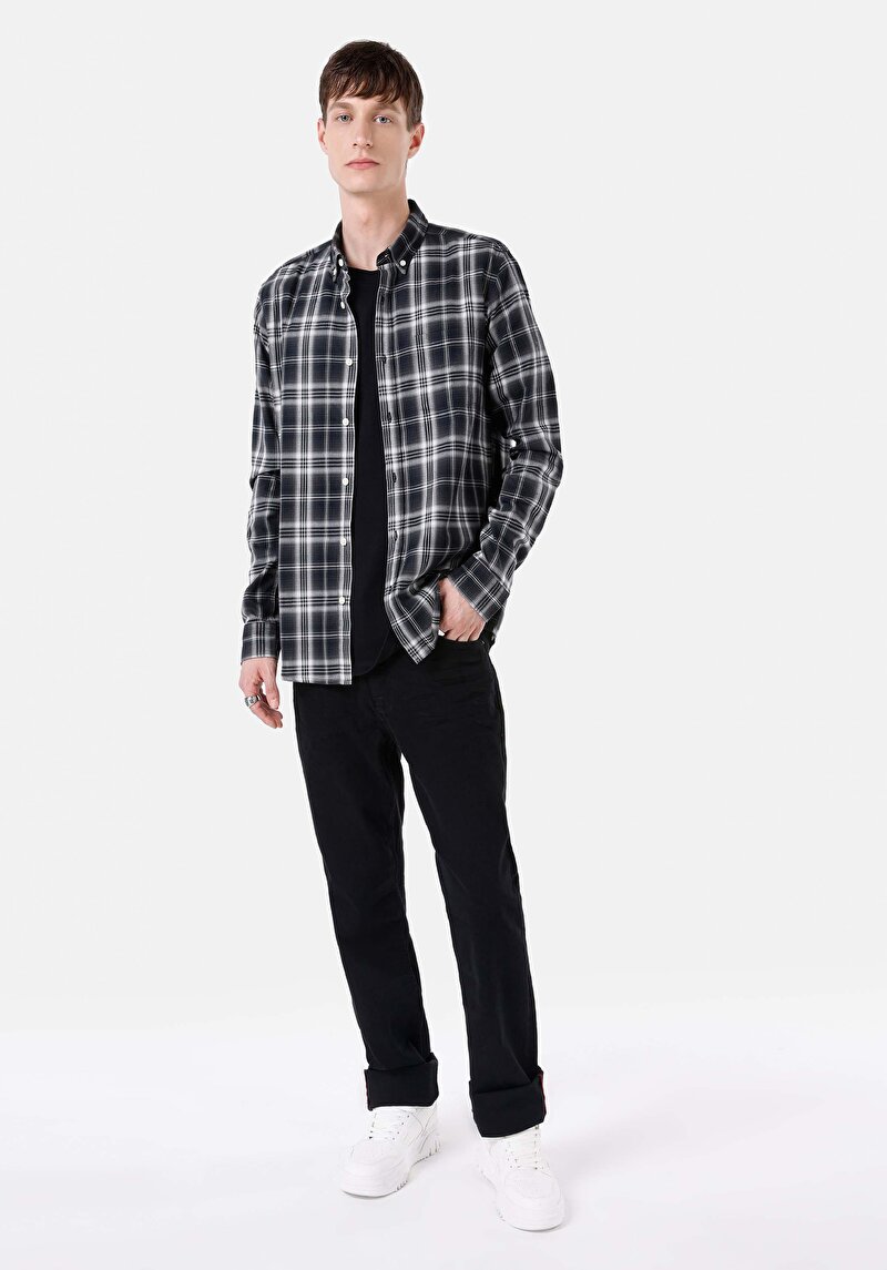 Slim Fit Shirt Neck Ekoseli Erkek Siyah Uzun Kol Gömlek
