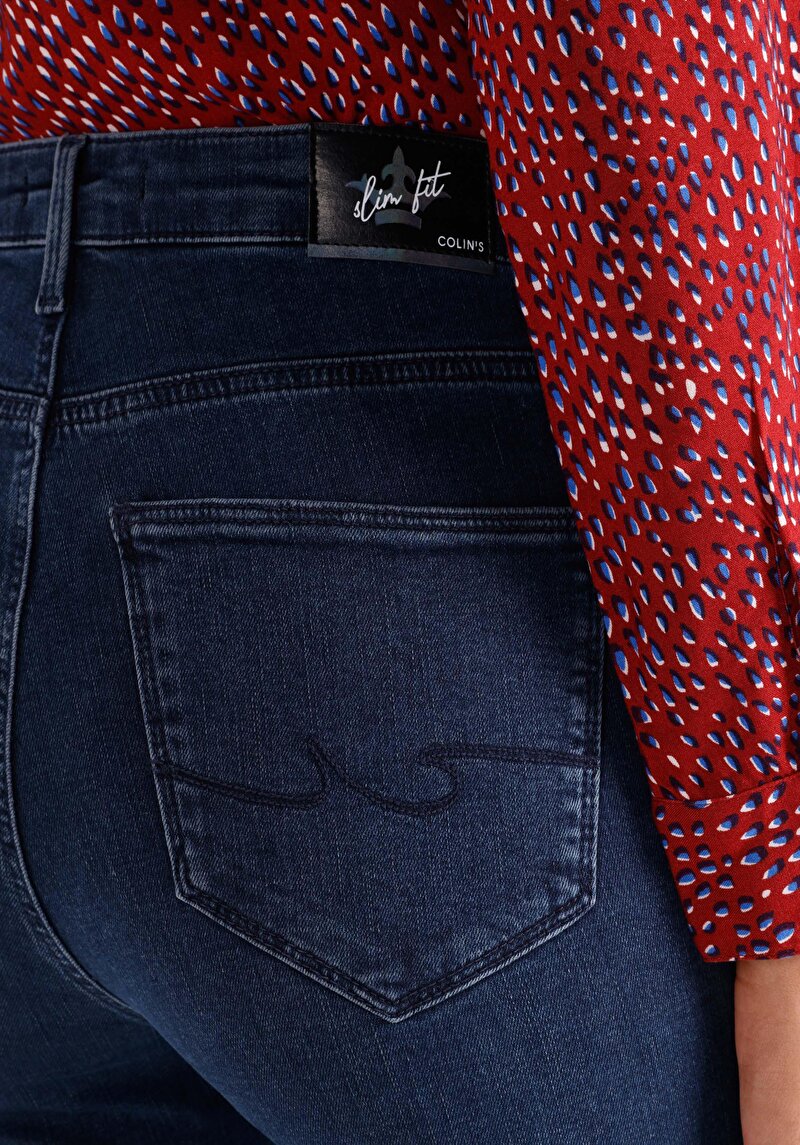 Slim Fit Orta Bel Düz Paça Kadın İndigo Fermuarlı Jean Pantolon