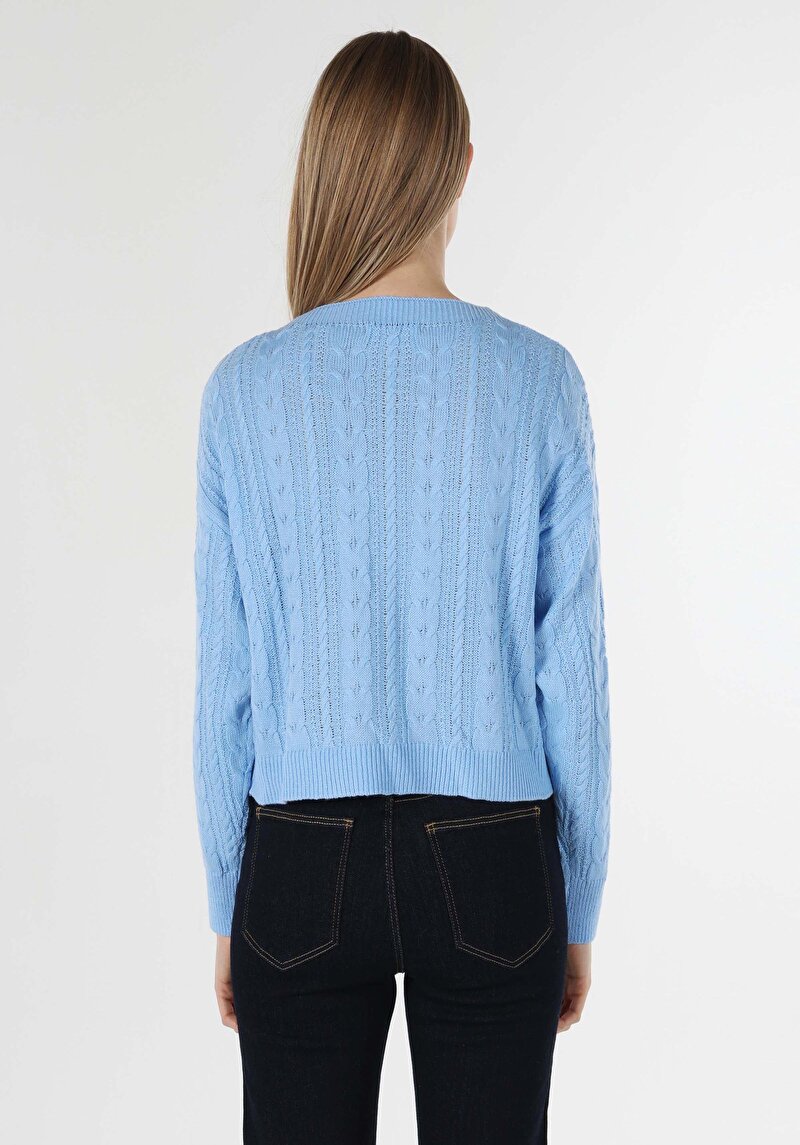 Regular Fit Yuvarlak Yaka Jakarlı Kadın Mavi Kazak