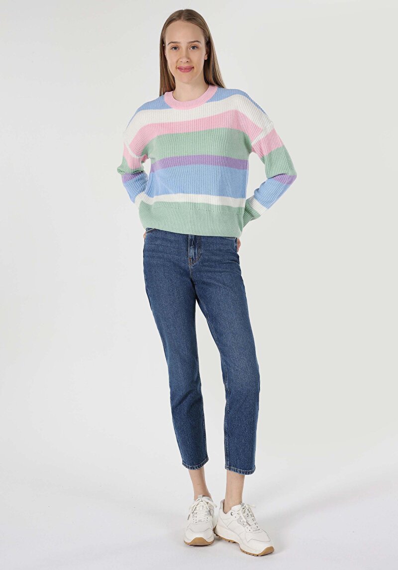 Regular Fit Yuvarlak Yaka Çizgili Kadın Çok Renkli Kazak