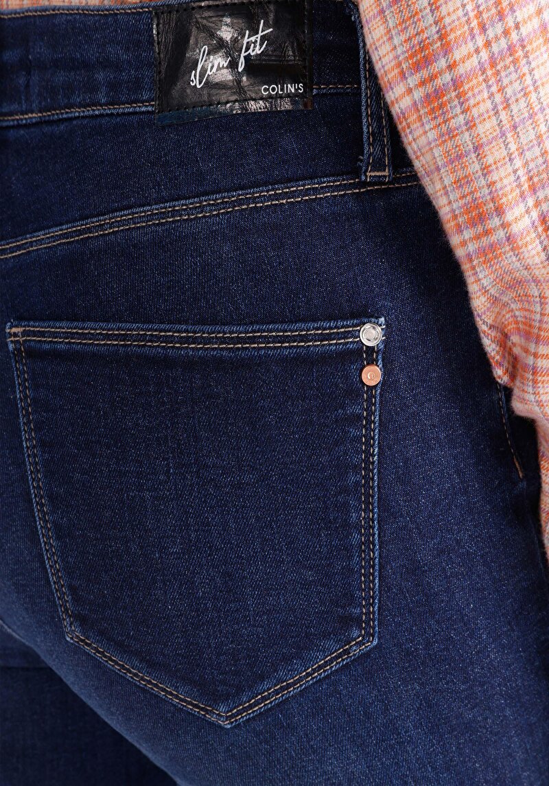 Slim Fit Orta Bel Düz Paça Kadın İndigo Jean Pantolon