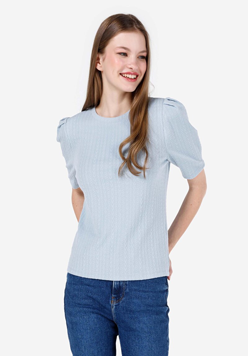 Regular Fit Yuvarlak Yaka Kadın Mavi Kısa Kol Tişört