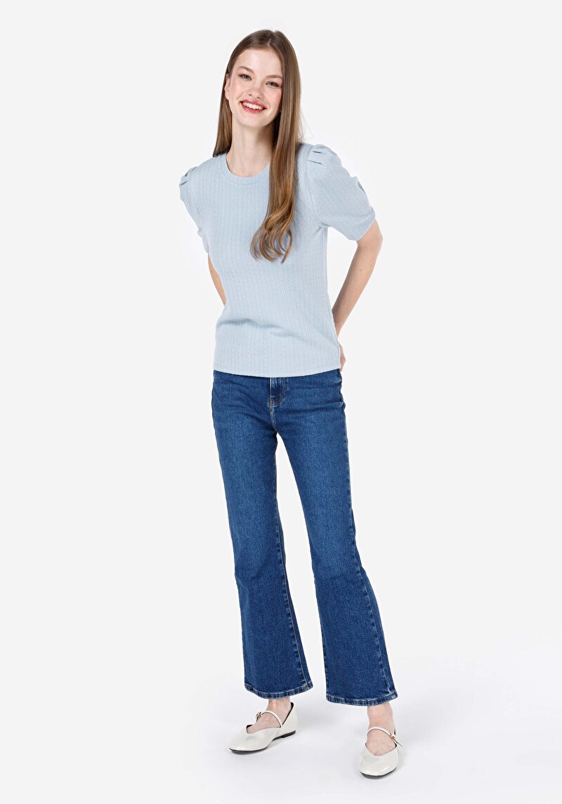 Regular Fit Yuvarlak Yaka Kadın Mavi Kısa Kol Tişört