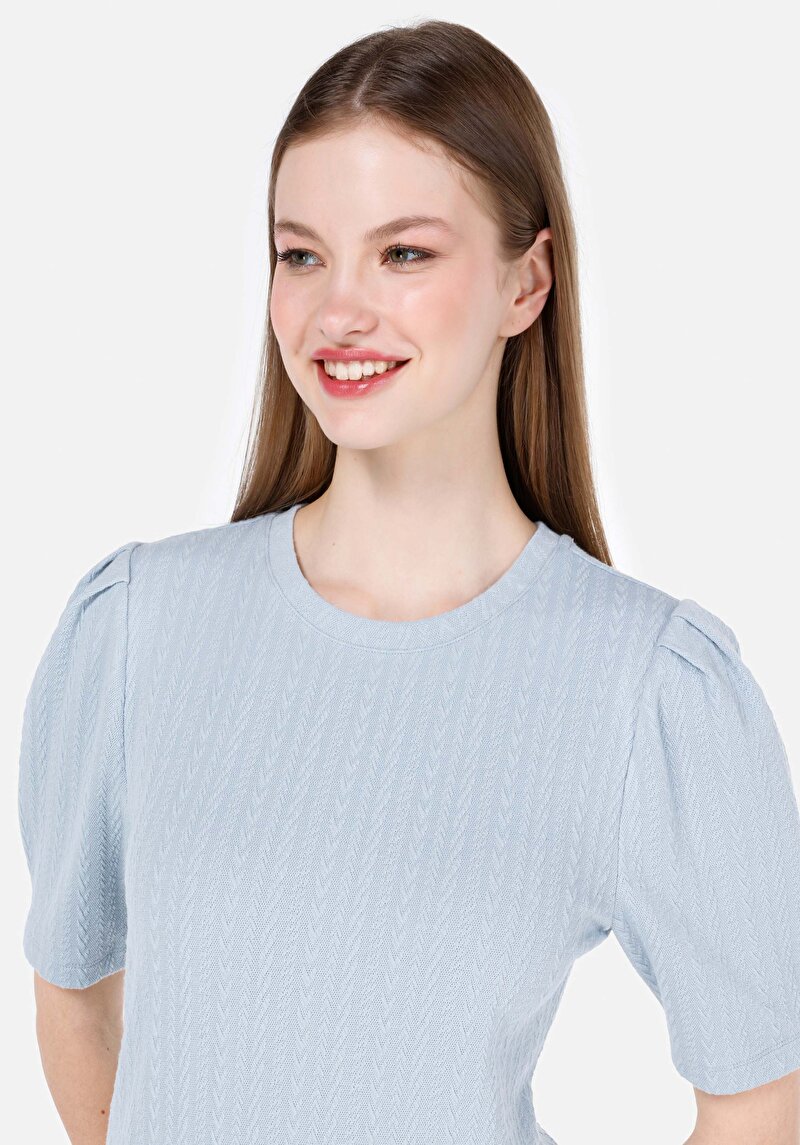 Regular Fit Yuvarlak Yaka Kadın Mavi Kısa Kol Tişört