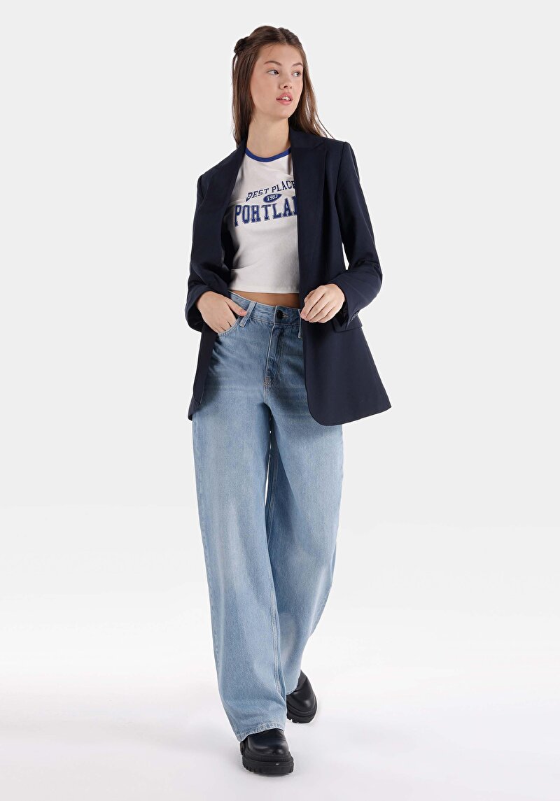 Regular Fit Yüksek Bel Geniş Paça Kadın İndigo Jean Pantolon