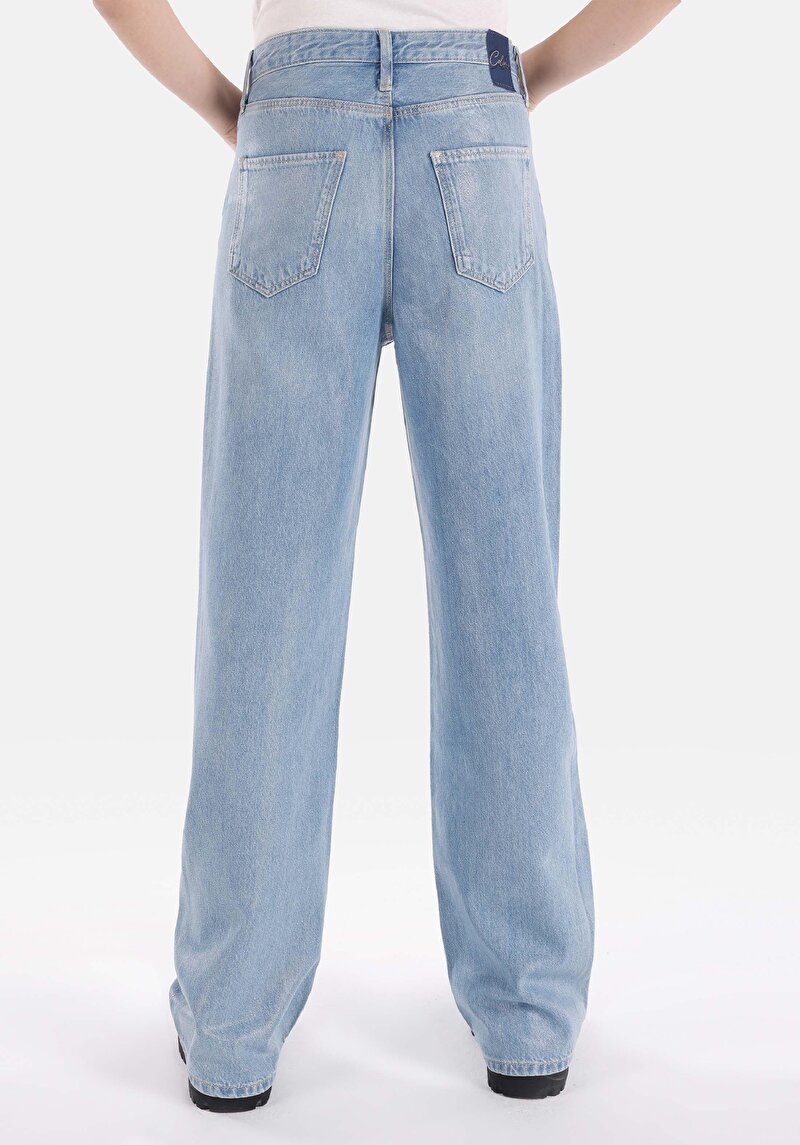 Regular Fit Yüksek Bel Geniş Paça Kadın İndigo Jean Pantolon