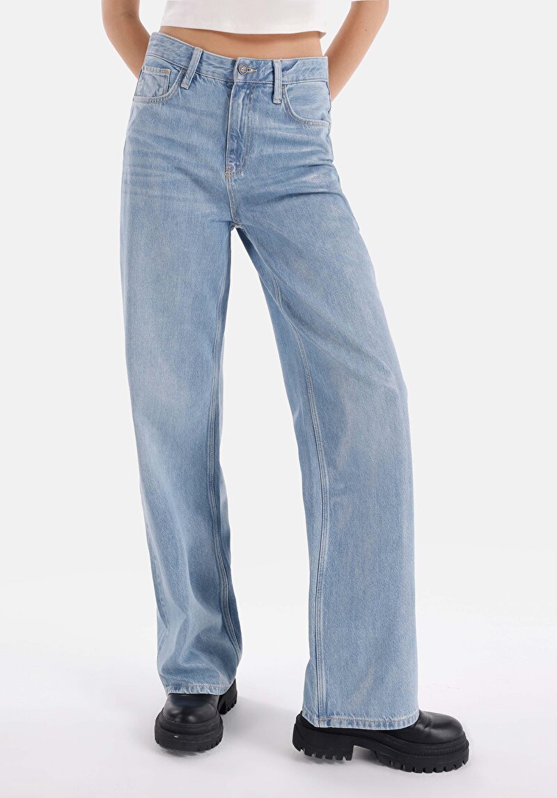 Regular Fit Yüksek Bel Geniş Paça Kadın İndigo Jean Pantolon