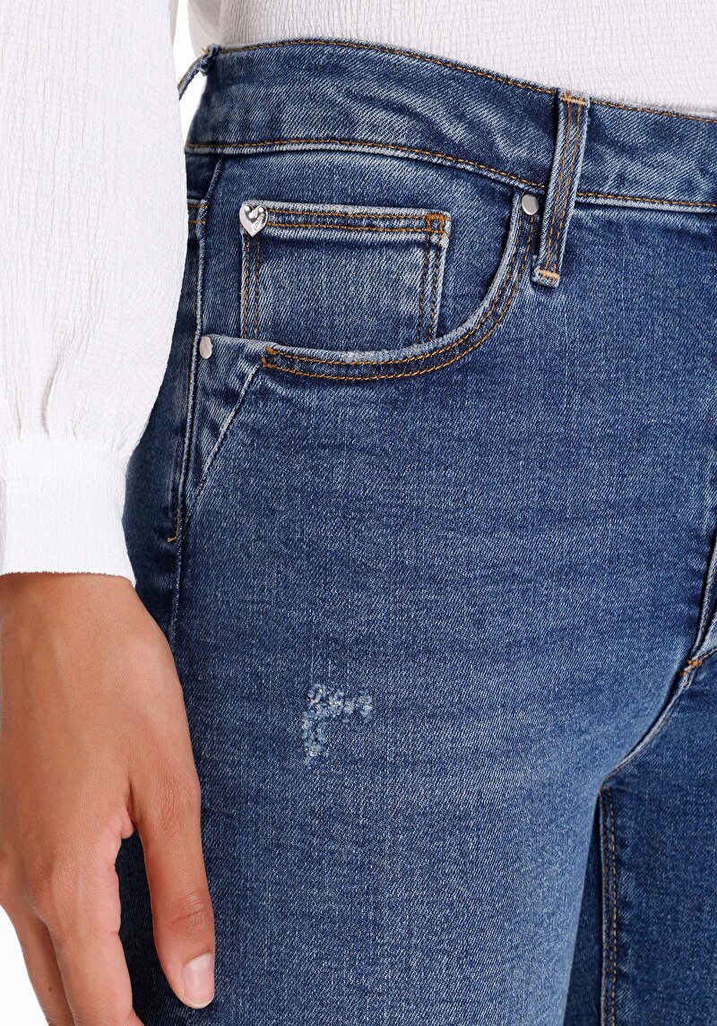 Skinny Fit Orta Bel Dar Paça Kadın İndigo Denim Jean Pantolon