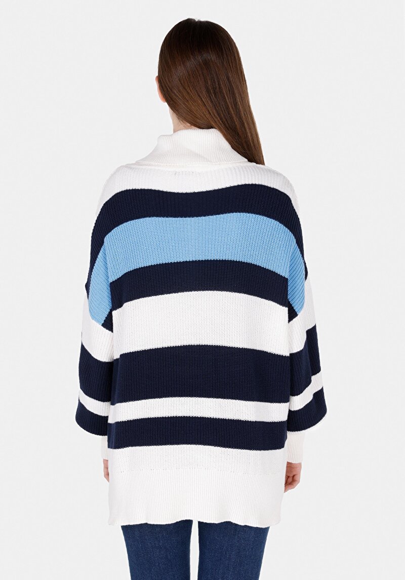 Comfort Fit Fermuarlı Çizgili Kadın Çok Renkli Kazak