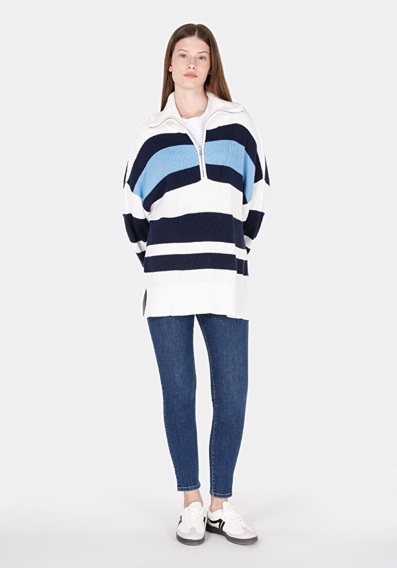 Comfort Fit Fermuarlı Çizgili Kadın Çok Renkli Kazak