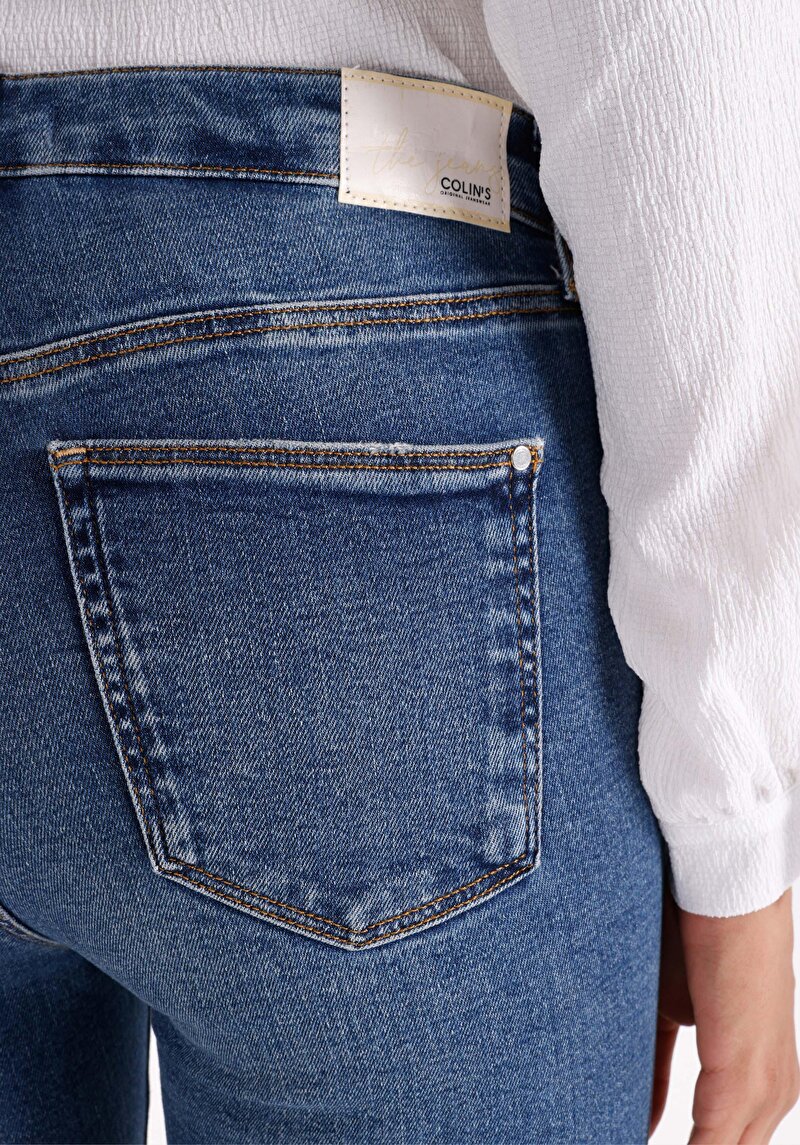 Skinny Fit Orta Bel Dar Paça Kadın İndigo Denim Jean Pantolon