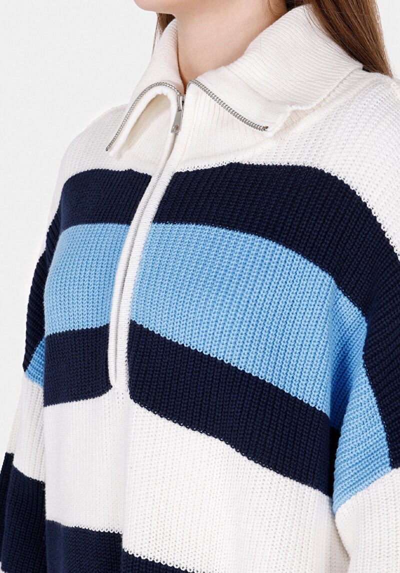 Comfort Fit Fermuarlı Çizgili Kadın Çok Renkli Kazak