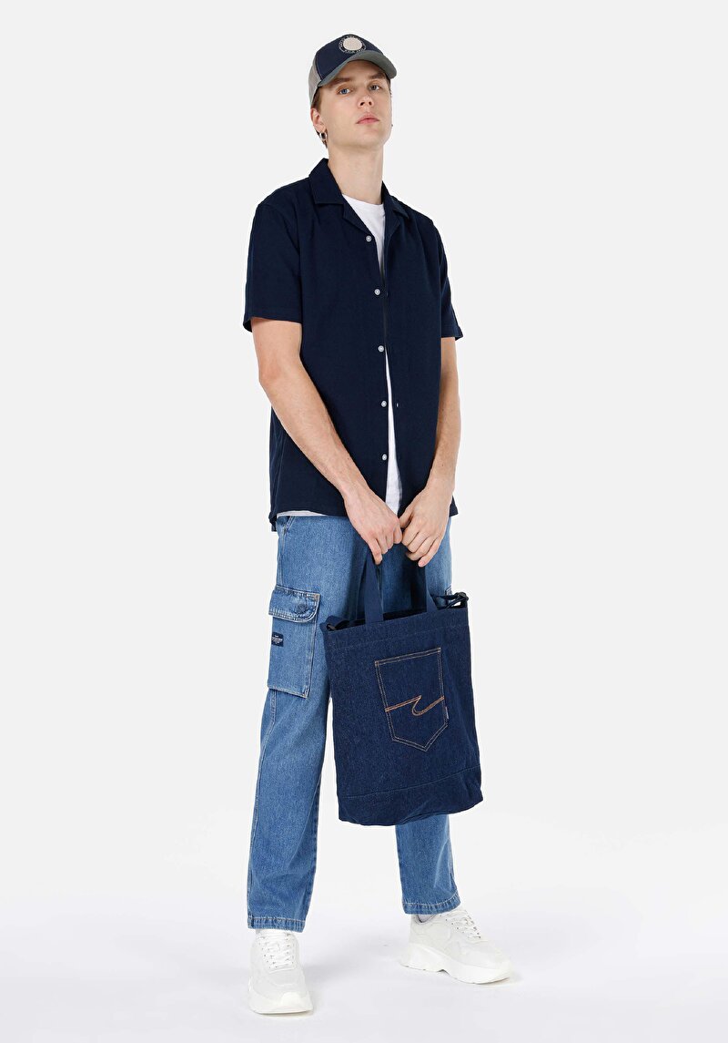 Cargo Fit Orta Bel Düz Paça Kargo Cep Erkek İndigo Jean Pantolon