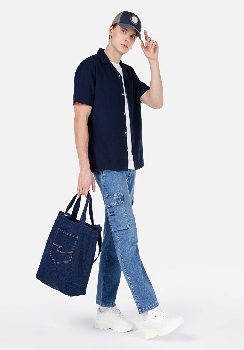 Cargo Fit Orta Bel Düz Paça Kargo Cep Erkek İndigo Jean Pantolon