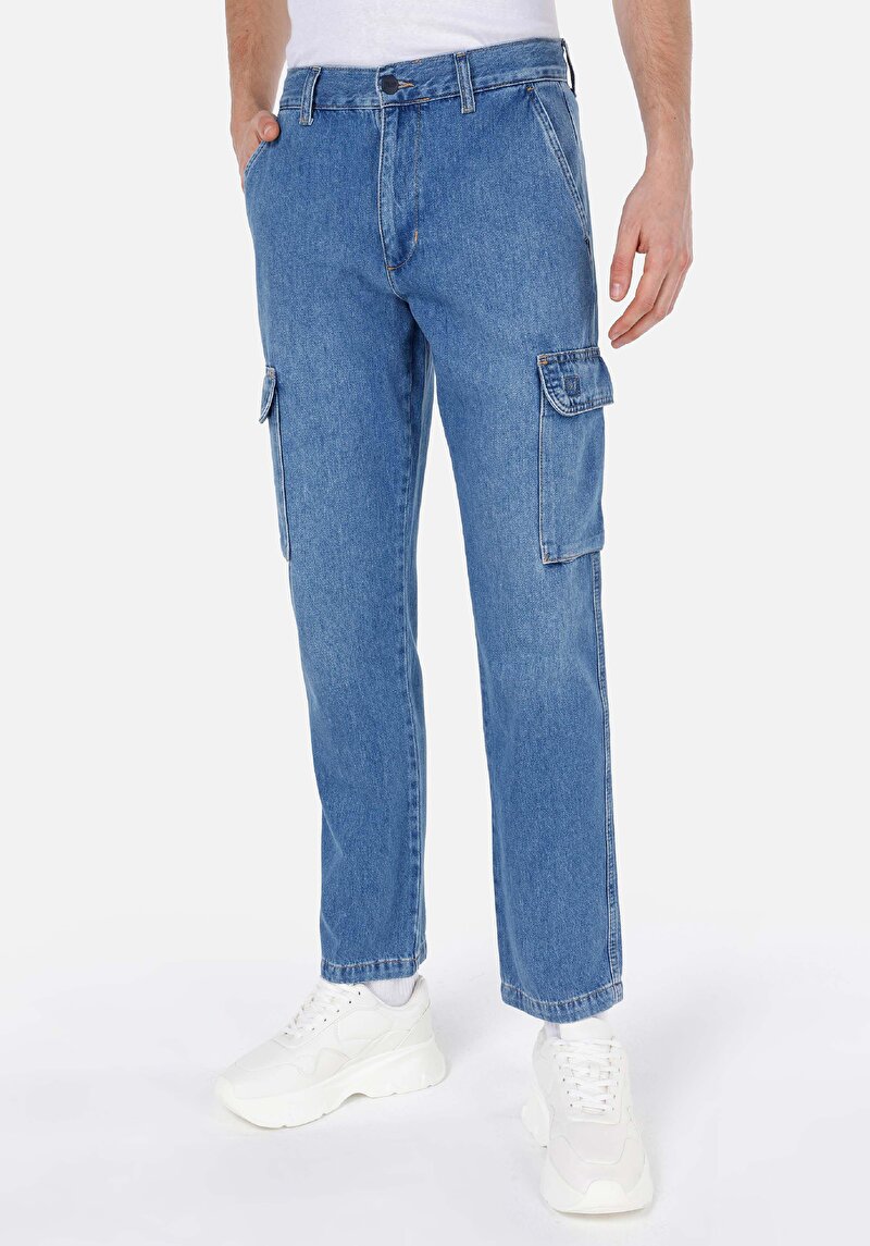 Cargo Fit Orta Bel Düz Paça Kargo Cep Erkek İndigo Jean Pantolon