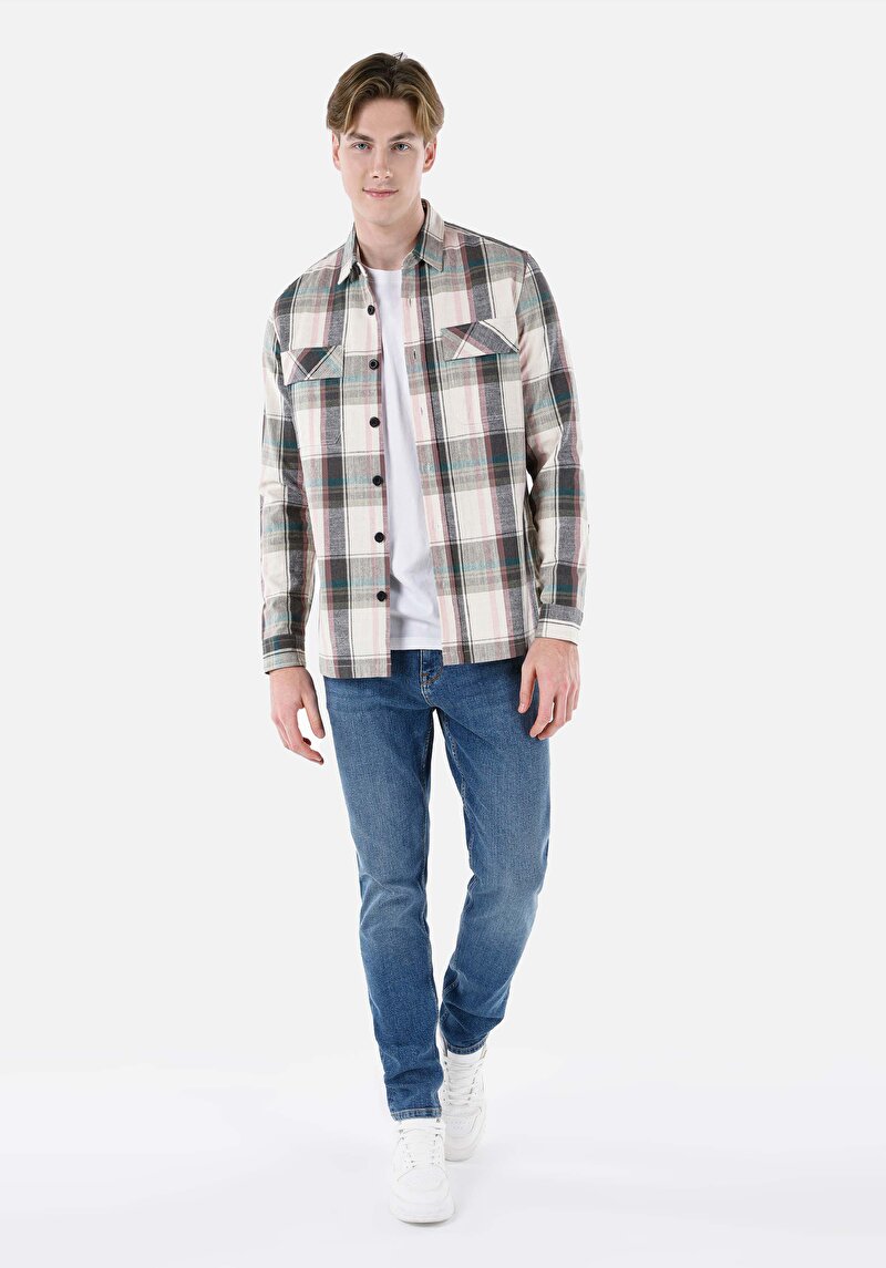 Regular Fit Shirt Neck Ekoseli Erkek Pembe Uzun Kol Gömlek