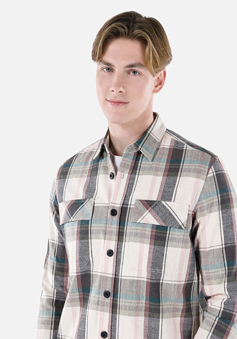 Regular Fit Shirt Neck Ekoseli Erkek Pembe Uzun Kol Gömlek