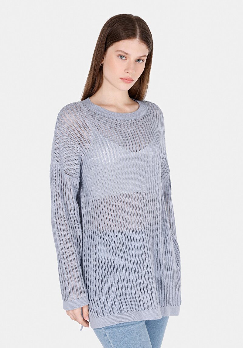 Regular Fit Yuvarlak Yaka Düz Kadın Mavi Kazak