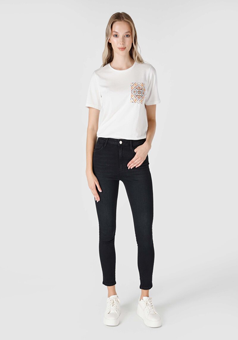 Skinny Fit Orta Bel Dar Paça Cepli Kadın Siyah Jean Pantolon