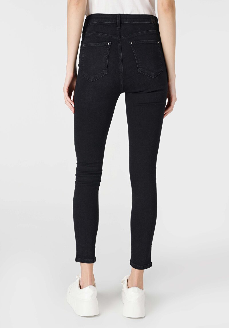 Skinny Fit Orta Bel Dar Paça Cepli Kadın Siyah Jean Pantolon