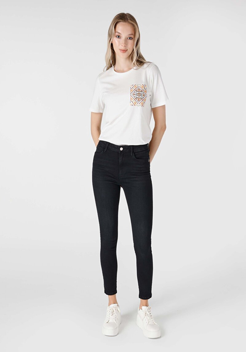 Skinny Fit Orta Bel Dar Paça Cepli Kadın Siyah Jean Pantolon