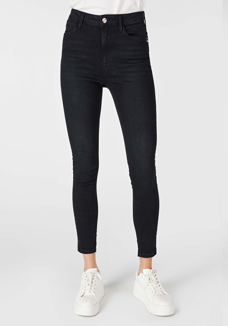 Skinny Fit Orta Bel Dar Paça Cepli Kadın Siyah Jean Pantolon