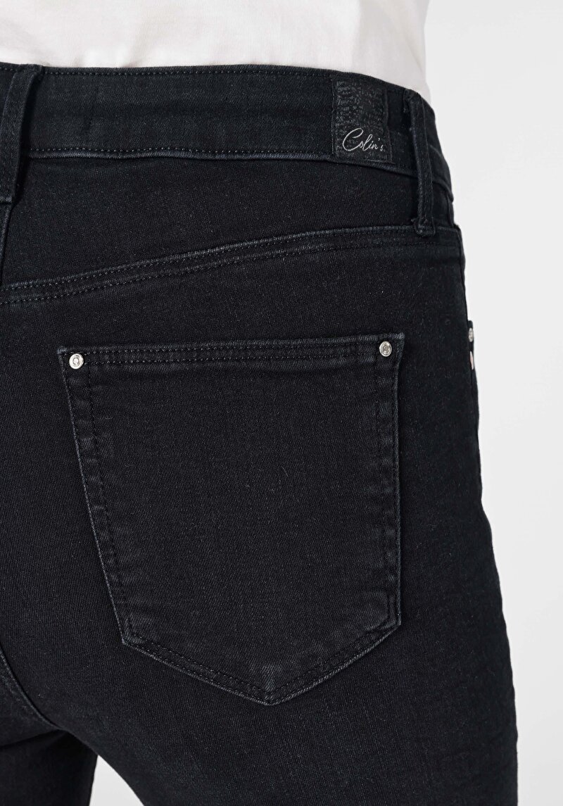 Skinny Fit Orta Bel Dar Paça Cepli Kadın Siyah Jean Pantolon