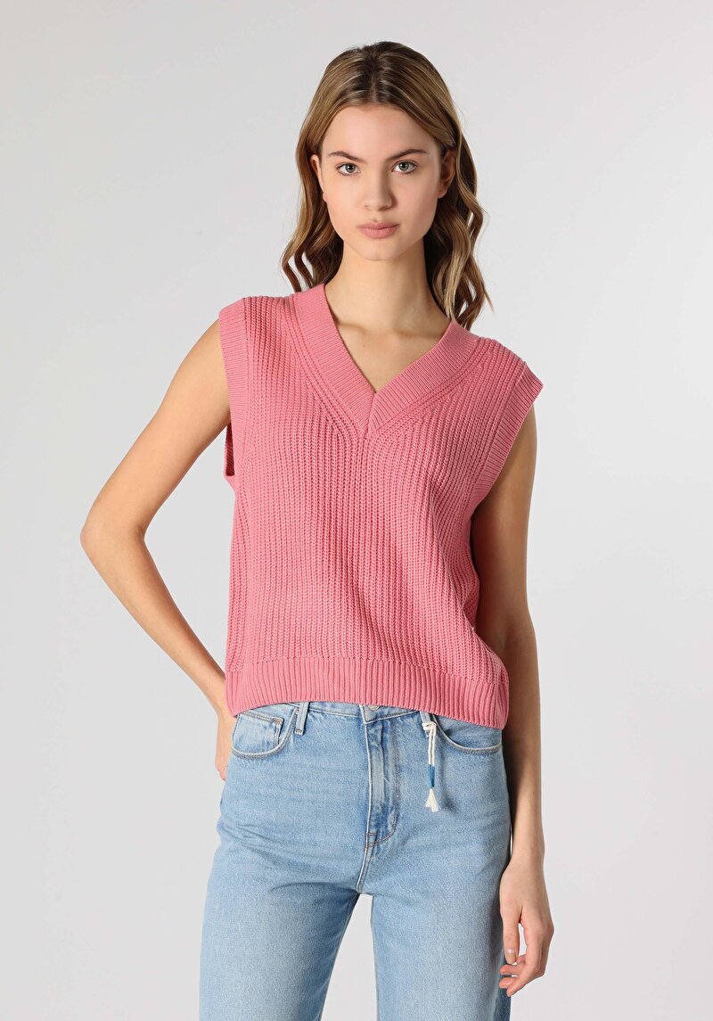 Regular Fit V Yaka Düz Kadın Pembe Kazak