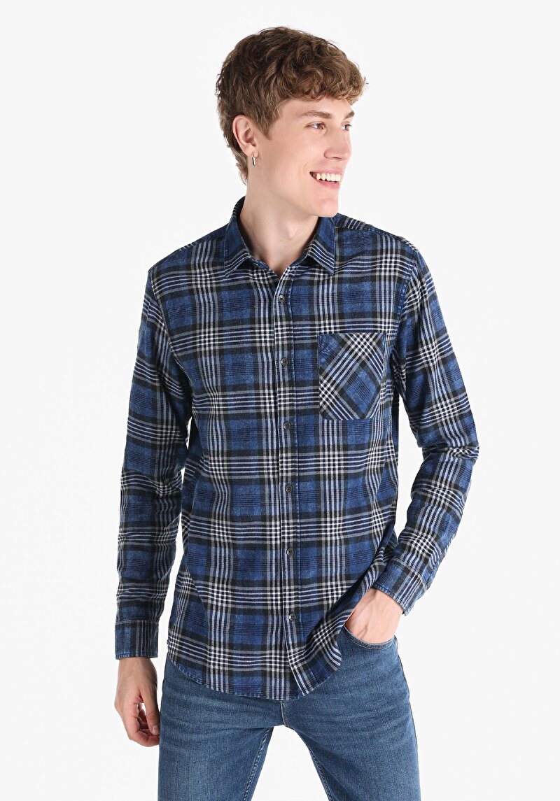 Regular Fit Cepli Shirt Neck Ekoseli Erkek Lacivert Uzun Kol Gömlek