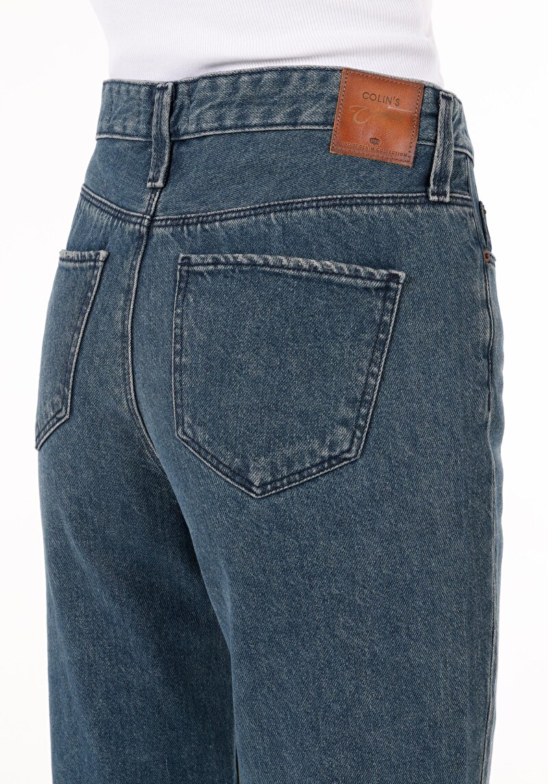 Mom Fit Daralan Paça Kadın İndigo Pamuklu Jean Pantolon