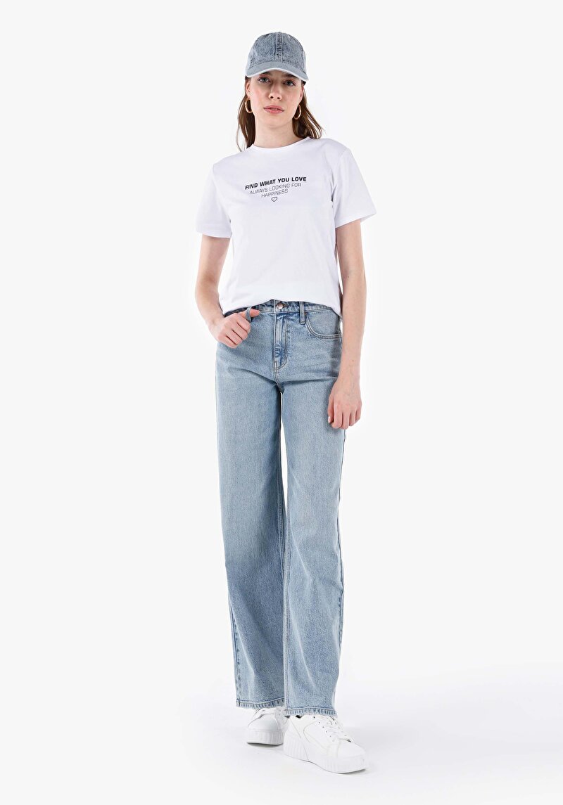 Regular Fit Yüksek Bel Geniş Paça Fermuarlı Kadın Light Indigo Denim Jean Pantolon