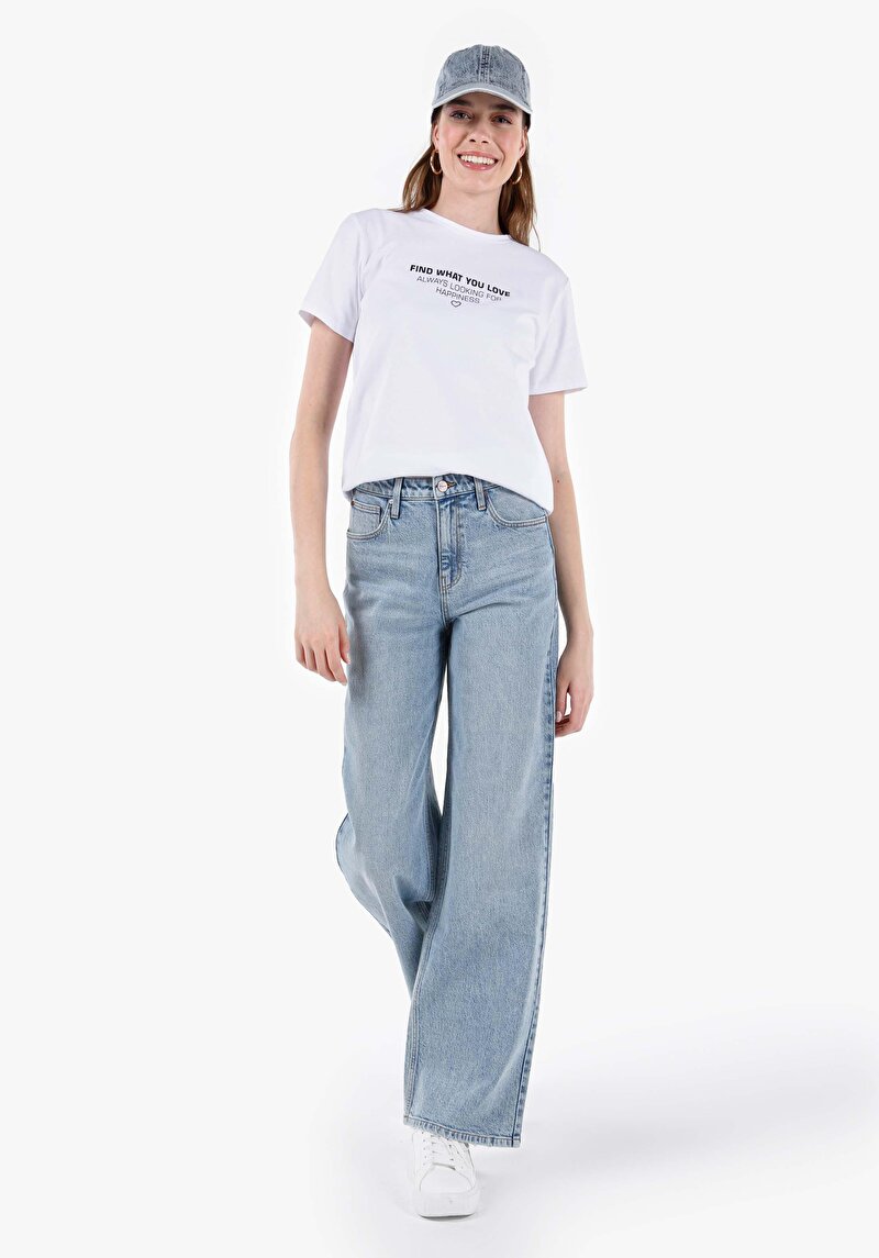 Regular Fit Yüksek Bel Geniş Paça Fermuarlı Kadın Light Indigo Denim Jean Pantolon