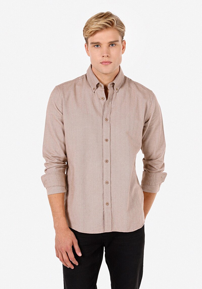 Regular Fit Shirt Neck Düz Erkek Bej Uzun Kol Gömlek