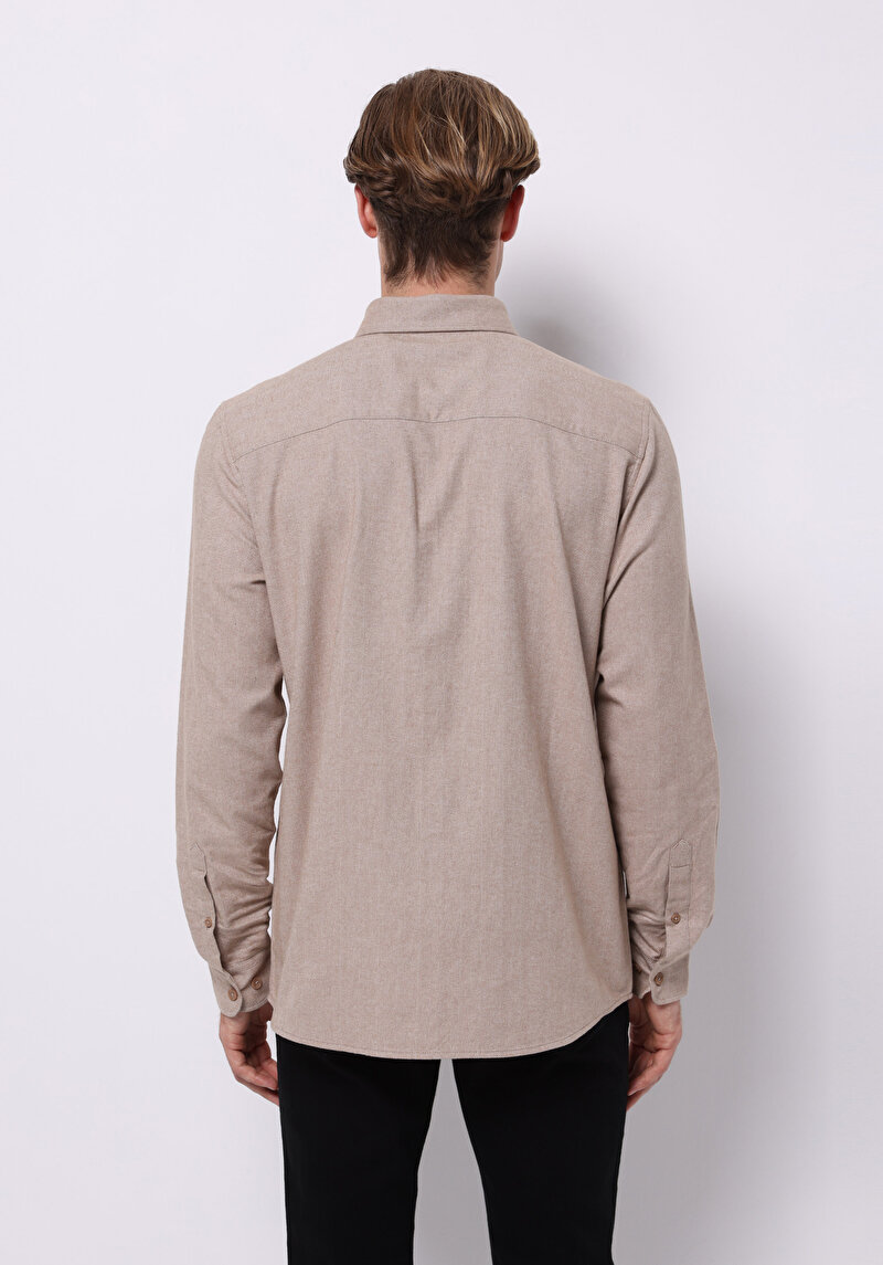Regular Fit Shirt Neck Düz Erkek Bej Uzun Kol Gömlek
