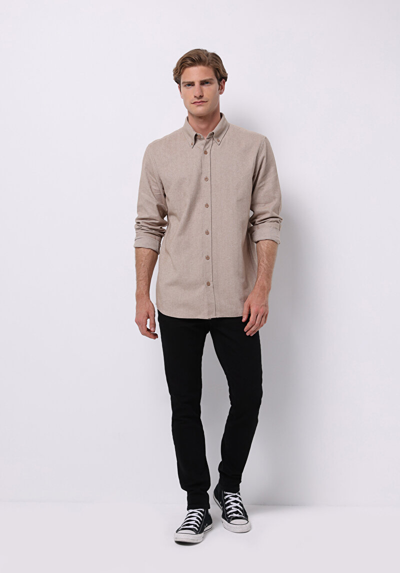 Regular Fit Shirt Neck Düz Erkek Bej Uzun Kol Gömlek