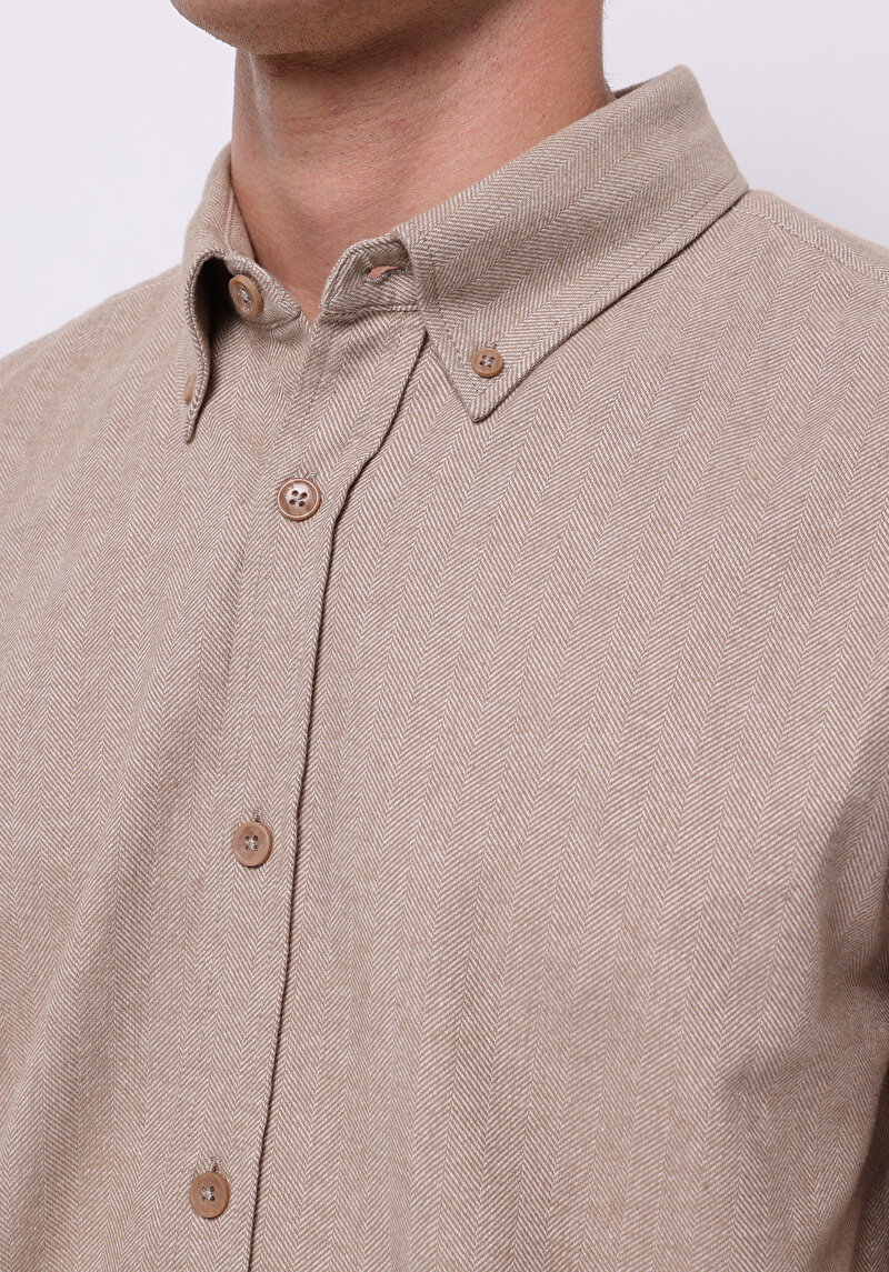 Regular Fit Shirt Neck Düz Erkek Bej Uzun Kol Gömlek