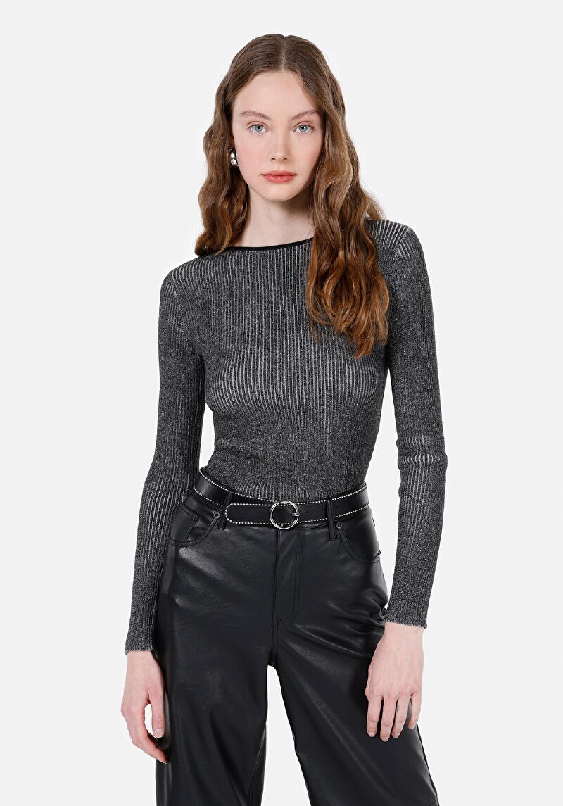 Slim Fit Kayık Yaka Düz Kadın Siyah Kazak