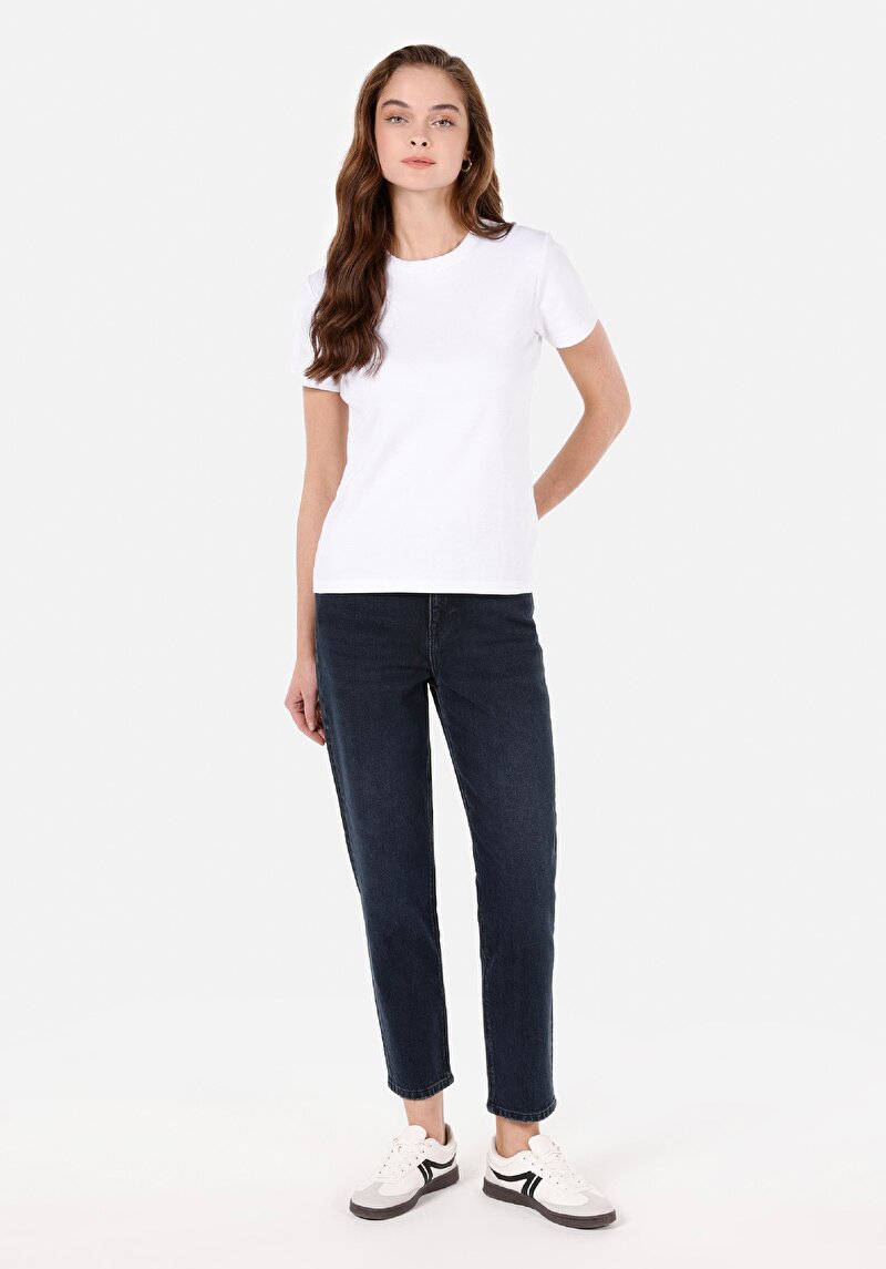 Mom Fit Daralan Paça Kadın Koyu İndigo Denim Jean Pantolon