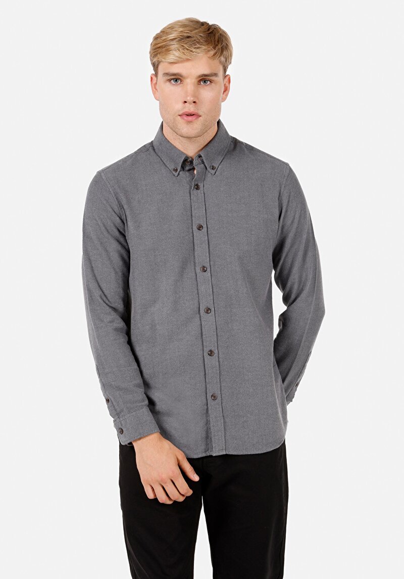 Regular Fit Pamuklu Shirt Neck Düz Erkek Gri Uzun Kol Gömlek