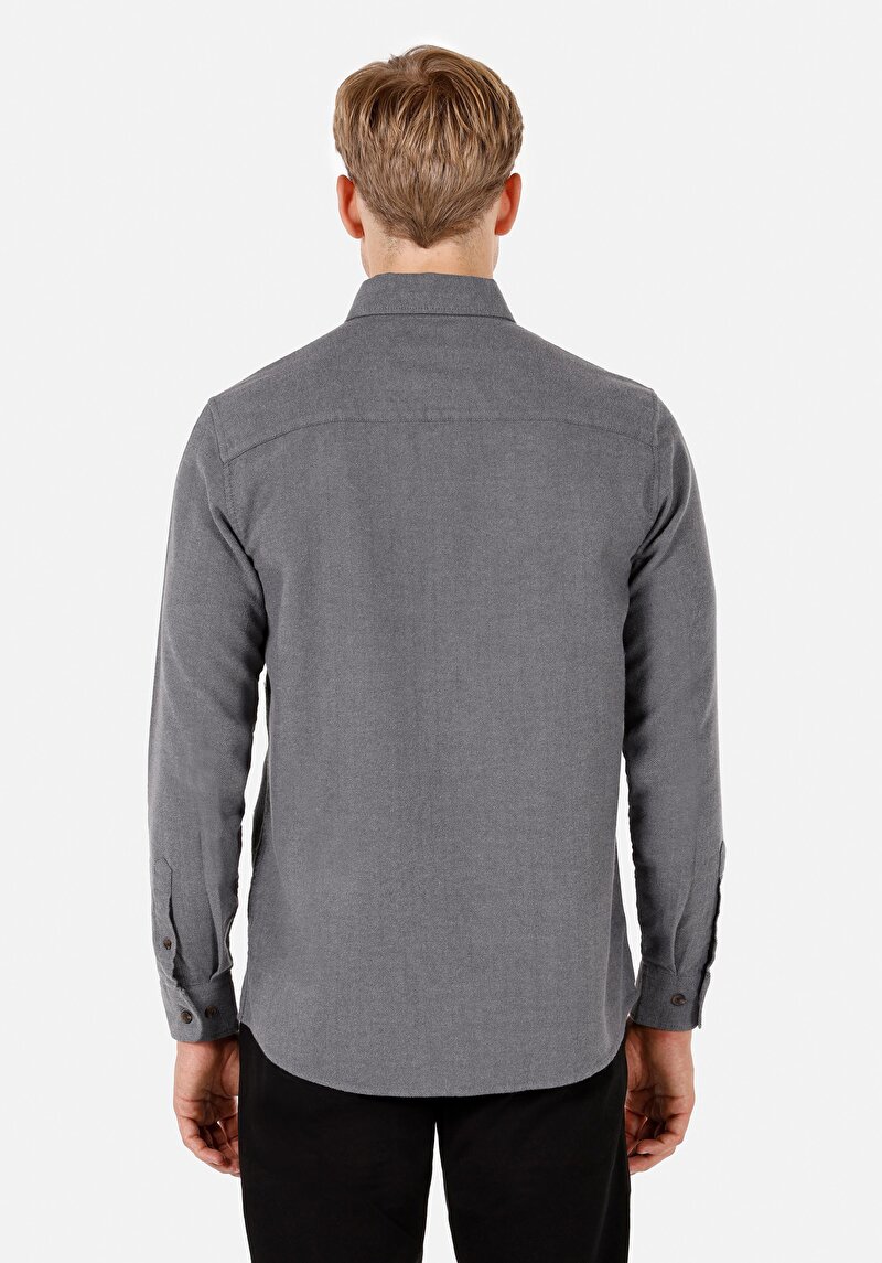 Regular Fit Pamuklu Shirt Neck Düz Erkek Gri Uzun Kol Gömlek