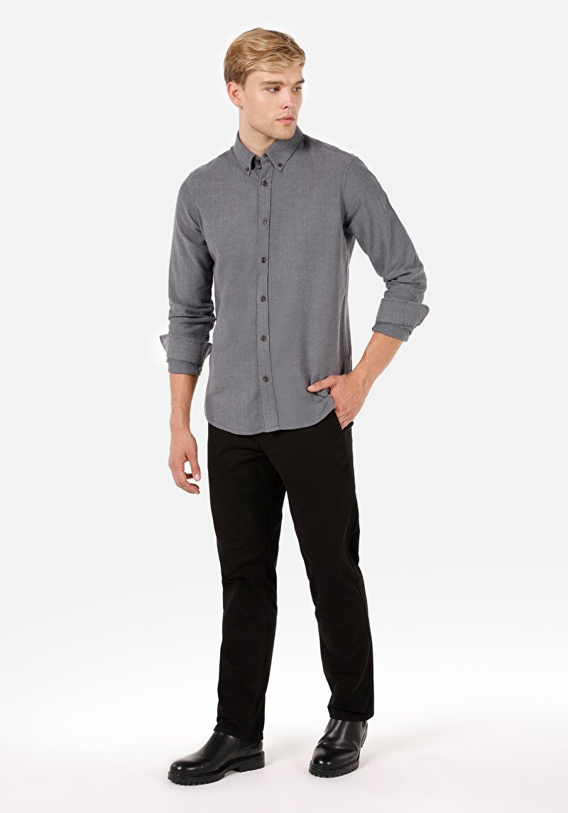 Regular Fit Pamuklu Shirt Neck Düz Erkek Gri Uzun Kol Gömlek