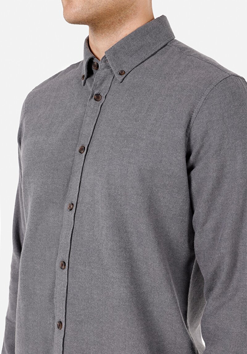 Regular Fit Pamuklu Shirt Neck Düz Erkek Gri Uzun Kol Gömlek