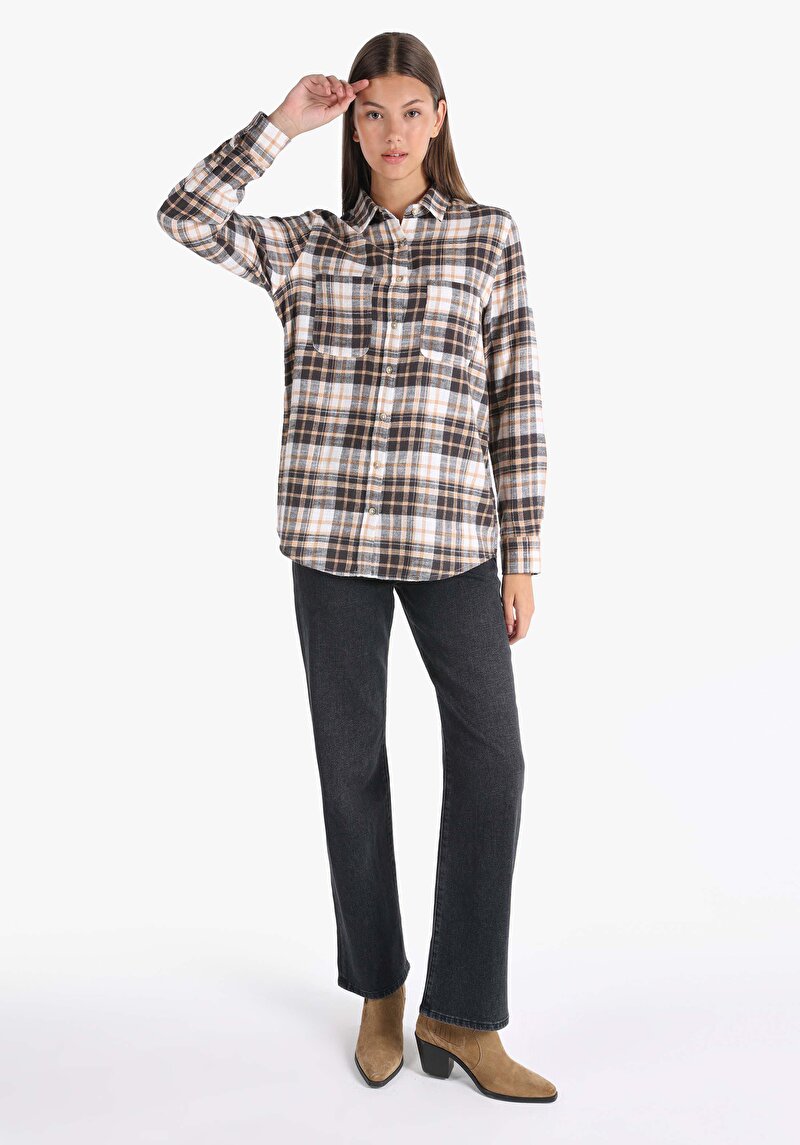 Regular Fit Shirt Neck Ekoseli Kadın Çok Renkli Uzun Kol Gömlek